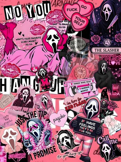 a collage of various stickers and decals on a pink background that says, no you than the slasher Cute Halloween Mean Girls Ghost Faces, Pretty Iphone, Ipad Background, Cute Cute Ghostface, pale violet red