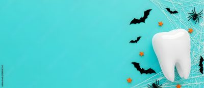 tooth with bats and spider web on blue background, halloween concept top view flat lay Dental Halloween Desktop Anatomy Models, Human Anatomy Model, Senior Health, Halloween Bats, medium turquoise