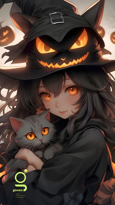 a woman in a witches hat holding a cat with glowing eyes and an evil look on her face Halloween Girl Anime Halloween Aesthetic, Anime Halloween Phone, Halloween Girl, dark slate gray