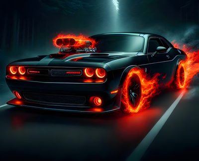 a black car with red flames on it's hood is driving down the road Halloween Hellcat Fire Hellcat, Challenger Fire, Ghost Rider Challenger, Dodge Challenger Animated, black