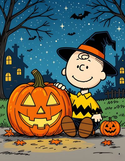a charlie brown halloween scene with pumpkins and jack - o'- lanternes Happy Halloween Charlie Happy Halloween Pictures, Peanuts Halloween, Charlie Brown Halloween, dark slate gray