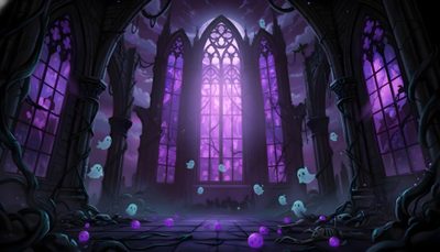 an image of a gothic castle with purple light coming from the window and ghost decorations on the floor Purple Halloween 4k Witch Castle Background, Laptop Backgrounds, Purple Throne Background, dark slate gray