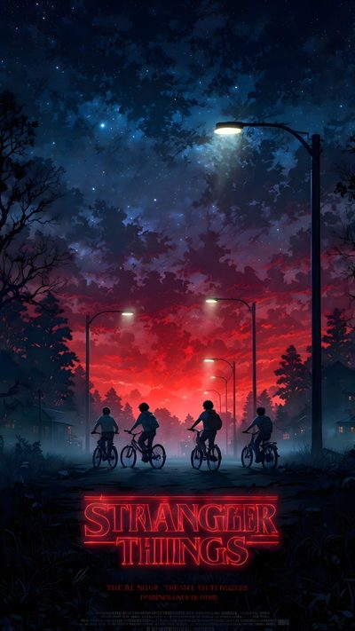 a movie poster with three people riding bikes in the dark, under a red sky Stranger Things Halloween High Resolution Stranger Things Poster, Poster Stranger Things Poster, Stranger Things Upside Down, black