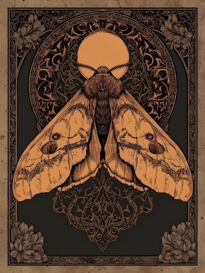 an orange moth on a black and brown background with ornate border around the image, Halloween Moth Moth Artwork, Moth Illustration, Vintage Witch Art, Moth Print, Moth Art, dark olive green
