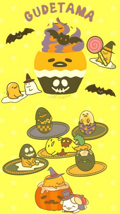 an image of some cartoon characters on a yellow background with the words gudetama Gudetama Halloween Kawaii Gudetama, Kawaii Sanrio Gudetama, Gudetama Autumn, Gudetama Halloween, khaki