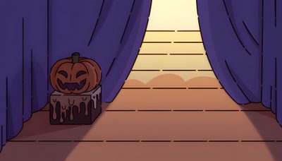 a cartoon pumpkin sitting on top of a box in front of a curtained entrance Sanrio Halloween Gif Cute Halloween Discord Banner Gif, Halloween Bg Gif, Sanrio Halloween Gif, dark slate gray