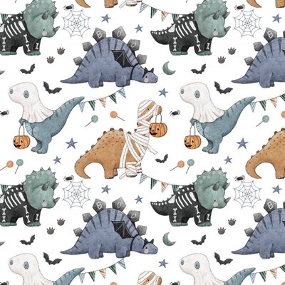 a watercolor halloween pattern with dinosaurs and pumpkins Halloween Dinosaur Aesthetic Dinosaur Halloween, Spooky Dinosaur Fabric, Color Profile, white