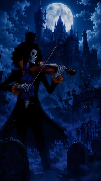 a skeleton playing the violin in front of a castle with a full moon behind it One Piece Halloween 4k One Piece Cartoon, One Piece, black