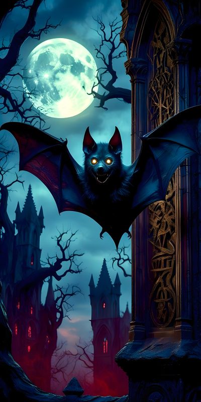 a bat flying through the air over a castle Halloween Flying Monster Halloween Vampire Background, Scary, Scary Bat Art, Skull, Bats Horror, midnight blue