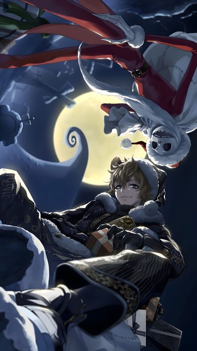 an anime character is holding onto another character in front of a full moon and sky Twisted Wonderland Halloween Ruggie Cards, Twisted Wonderland, Twisted Wonderland Official Art, dark slate gray