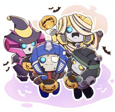 some cartoon characters with pumpkins and bats Transformers Halloween Transformers Halloween Art, Transformers Skids X Nautica, Transformers Crossover Fan Art, lavender
