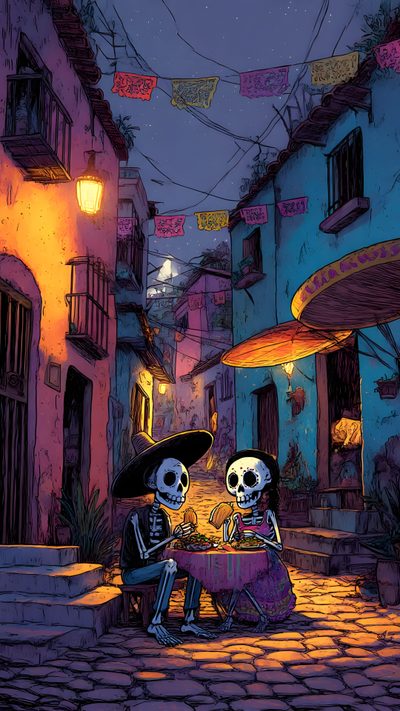 two skeletons sitting at a table in the middle of an alleyway with lights strung above them Mexican Halloween Day Of The Dead Aesthetic, Inspiration Wall, Day Of The Dead, Brick Wall, dark slate gray