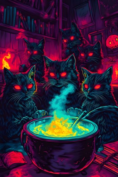 three black cats sitting in front of a caulder filled with fire and glowing eyes Halloween Fiery Felines-black Custom Evil Cat Art, Evil Black Cat, Halloween Black Cat, midnight blue