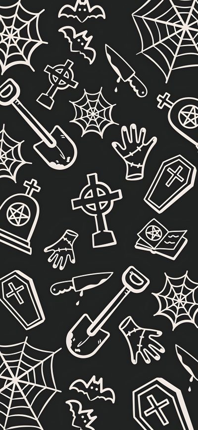 black and white halloween doodles with crosses, bats, spider webs, tombstones Geometric Halloween Spooky Fondo, Spooky Themed Phone Background, Simple Spooky Background, black