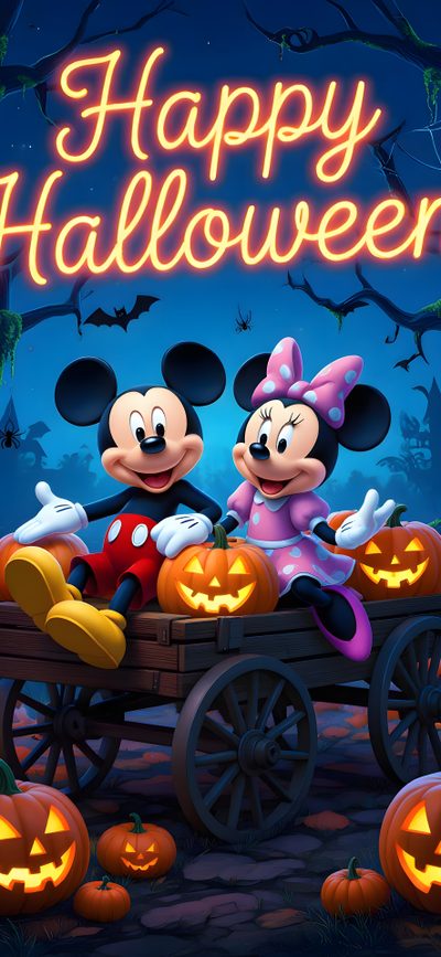 two mickey and minnie mouse in a wagon with pumpkins Mickey And Friends Halloween Backgrounds Mickey And Friends Happy Halloween, Disney Background, Minnie Mouse Halloween, dark slate gray