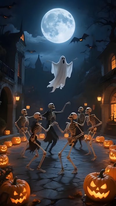 a group of skeletons dancing in front of a full moon with jack - o'- lanterns Halloween Skeleton Party Dancing Dancing Halloween Gif, Happy Halloween Dancing, Halloween Dance, dark slate gray