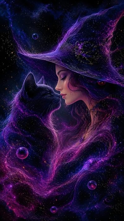 a woman wearing a witches hat and holding a black cat in her arms with stars on the background Halloween Witch Cats Custom Dreamy Witch, Witchcraft, Witchy Images, Witch Pictures, Tolkien Art, black