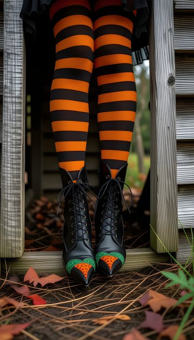 a person in striped socks and black shoes with orange stripes on their legs, standing at the bottom of a wooden structure Happy Halloween Stockings Wicked Witch Shoes, Wicked Witch Of The East Feet, Halloween Leg Warmers, dark slate gray