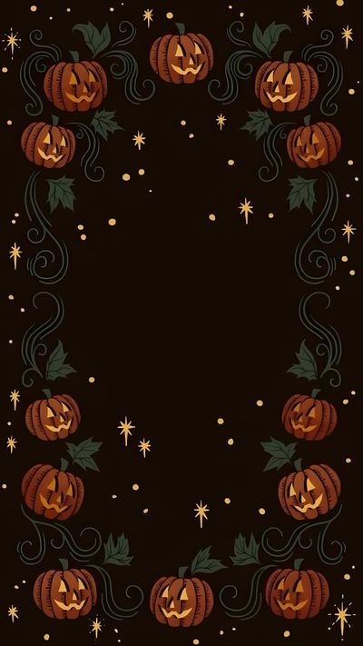 a black background with pumpkins and stars in the center, as well as an ornate border Lock Screen Vintage Halloween Iphone 2000s Halloween Aesthetic, Unique Halloween, Spooky Halloween Backgrounds, black