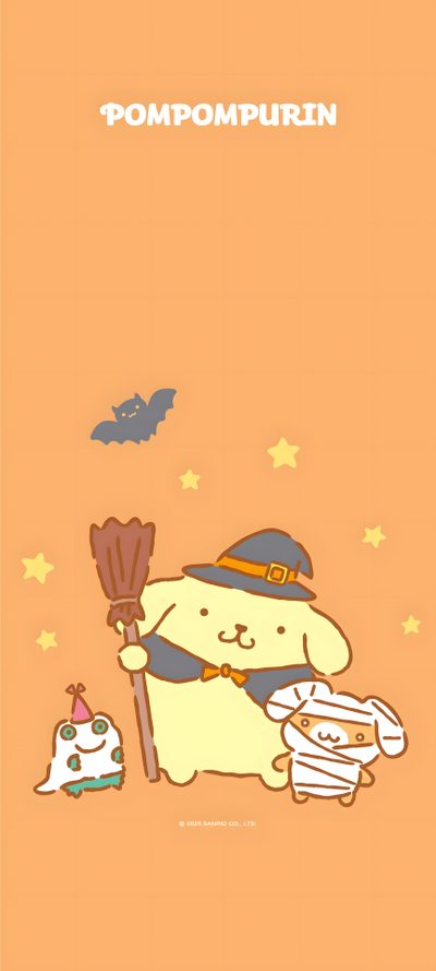 a cartoon character holding a broom and wearing a witches hat, standing in front of an orange background Pom Pom Purin Halloween Pompompurin Autumn, Pompompurin Thanksgiving, Pompompurin Halloween Background, sandy brown