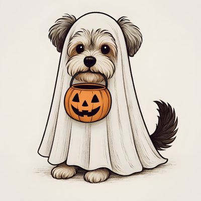 a dog dressed up as a ghost with a pumpkin in its mouth Halloween Dog Ghost Ghost Dog, Gothic Halloween, Halloween Clipart, Dog Halloween, antique white