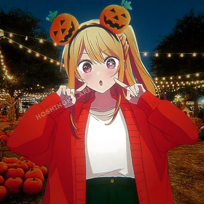 a girl in a red jacket is holding her hands up to her ears while standing next to pumpkins Oshi No Ko Halloween Ruby Hoshino Cat, Ruby Hoshino Happy, Oshi No Ko Halloween, saddle brown