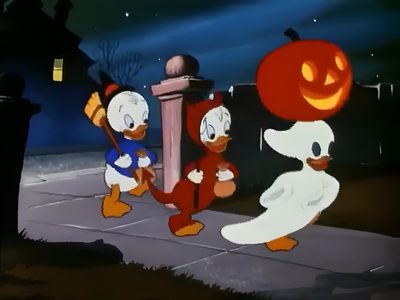 two cartoon characters dressed as mickey mouse and donald duck, one holding a jack - o - lantern Happy Halloween Gif Halloween Cartoon Movie Characters, Fall Gif, Old Halloween Cartoon Movie, dark slate gray