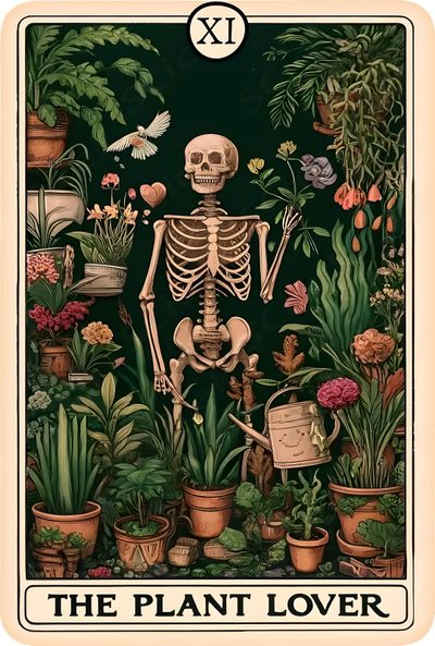 a skeleton surrounded by plants and potted plants in front of a green background with the words, the plant lover Halloween Plant Witchy, Tarot Cards Art, Renter Friendly, Skeleton Art, Vintage Diy, dark olive green