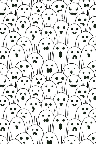 a large group of black and white faces White Halloween Spooky Ghost Pattern, Cute Little Ghosts Pattern, Ghost Pattern Drawing,