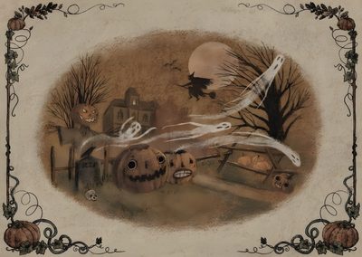 an old fashioned halloween scene with pumpkins and bats Vintage Halloween Vintage Halloween Art, Halloween Artwork, Over The Garden Wall, Spooky Scary, dim gray