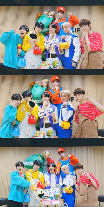 three pictures of people dressed in costumes and holding umbrellas, with one person standing behind the other Enhypen Halloween Enhypen Funny Ot7, Enhypen Legos, Enhypen Fruits, Enhypen Ot7 Cute, rosy brown