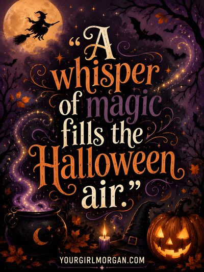 a poster with the words, a whisper of magic fills the halloween air Halloween Quotes Aesthetic Halloween Quotes Aesthetic, Halloween Eve, Something Wicked, Moonlit Sky, black