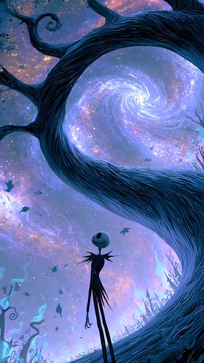 a painting of a person standing in front of a tree with swirls and stars Halloween The Nightmare Before Christmas Iphone Halloween Aesthetic Cartoon, Nightmare Before Christmas Background, Whimsical Goth, steel blue