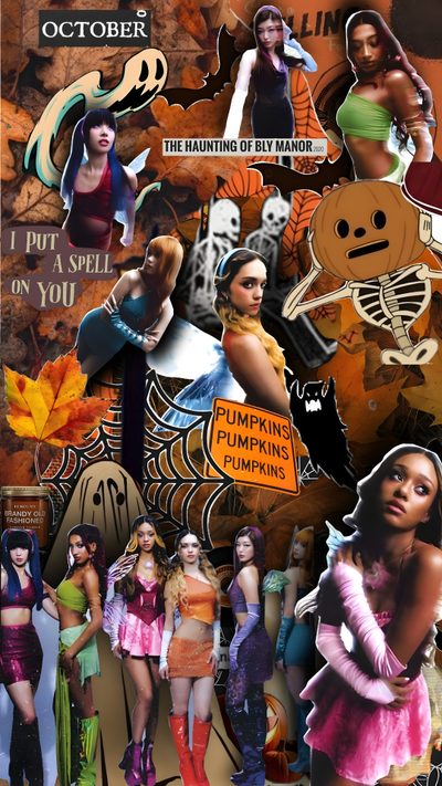 a collage of halloween images and pictures Katseye Halloween Halloween Kali 2, Sza Halloween, Katseye Halloween Background, saddle brown
