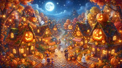 a painting of a halloween village with pumpkins and jack - o'- lanterns Halloween Village For Pc Dark Gothic, Halloween, Halloween Season, Autumn Cozy, Haunted House, saddle brown