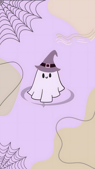 a cartoon ghost floating in the water with a spider web on it's side Boho Halloween On Light Purple Halloween Cute Ghost, Cute Halloween Purple Ghost, Ghost Aesthetic Cute, lavender