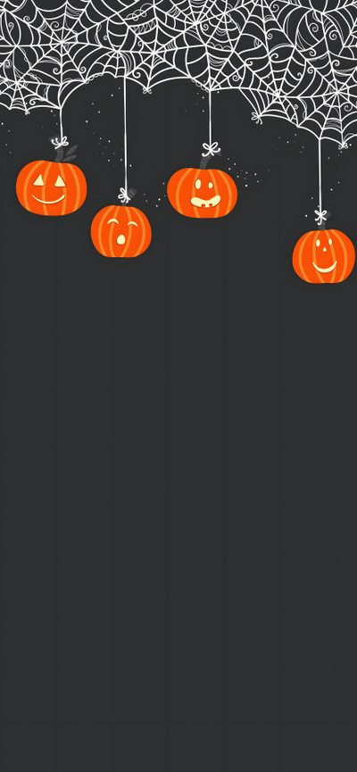 an image of halloween pumpkins hanging from the ceiling with spiderweavers on them Halloween Background Iphone 5s Cute Pumpkin Aesthetic, Halloween Kids, October Ios 16, dark slate gray
