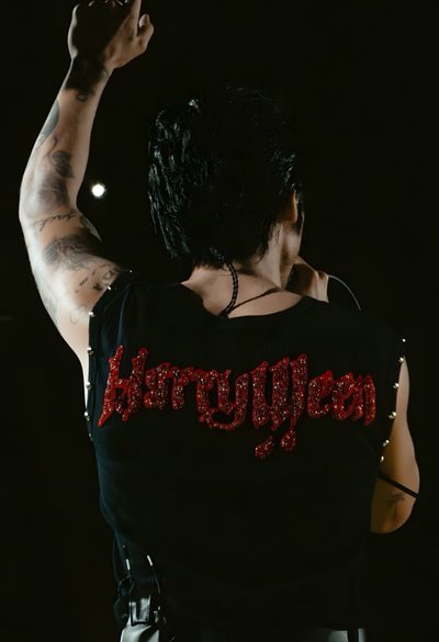 the back of a woman's black shirt with red lettering on it Harry Styles Halloween Harry Computer, Harry Styles Macbook, Harry Styles Laptop Lockscreen, black