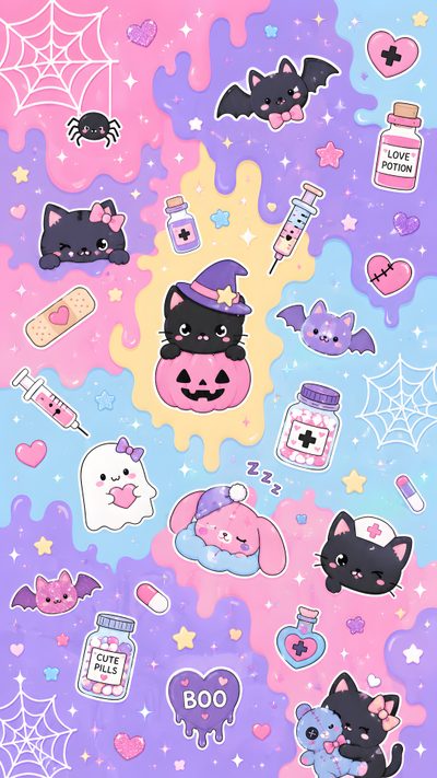 an assortment of stickers on a purple and blue background with stars, bats, hearts, and more Halloween Pastel Scary Kawaii Halloween, Spooky Cute, Cute Iphone Tumblr, Kawaii, Halloween, light steel blue