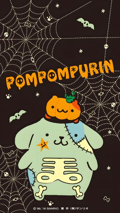 a halloween card with an image of a cat holding a pumpkin on it's back Pom Pom Purin Halloween Pompompurin Halloween Background, Pompompurin Fall, Pompompurin Halloween, black