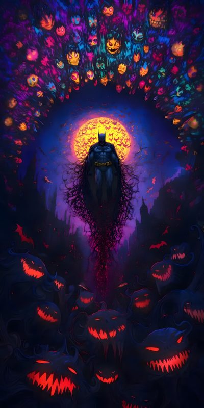 an image of a halloween scene with pumpkins Dc Comics Halloween Halloween, Batman Horror, Spooky Batman, Batman Halloween Background, black