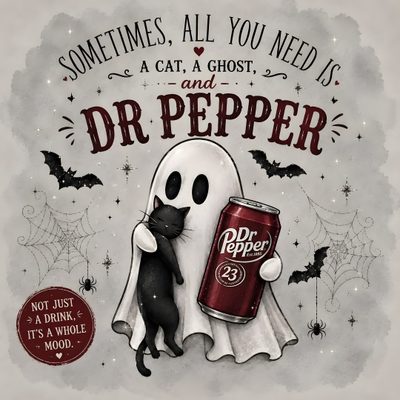 a black and white cat sitting next to a can of dr pepper with a ghost on it Dr Pepper Halloween Stuffed Peppers, dark gray
