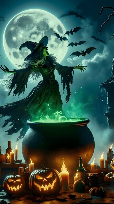 a witch standing on top of a caulder filled with green liquid surrounded by pumpkins Halloween Witch Cauldron Witch Cauldron Hd, Witches And Cauldron, Witch Cauldron 4k, dark slate gray