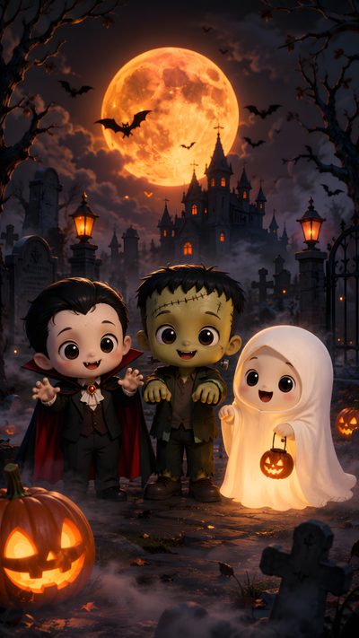 three little kids dressed up as halloween characters in front of a full moon with bats and pumpkins Halloween Costumes Jack Skeleton, Image Halloween, Halloween Eve, Hobbies To Try, dark slate gray