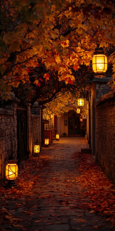 an alley way with lanterns and leaves on the ground Halloween Nature Aesthetic, Autumn Magic, Beautiful Images Nature, Autumn Lights, Fantasy Images, maroon