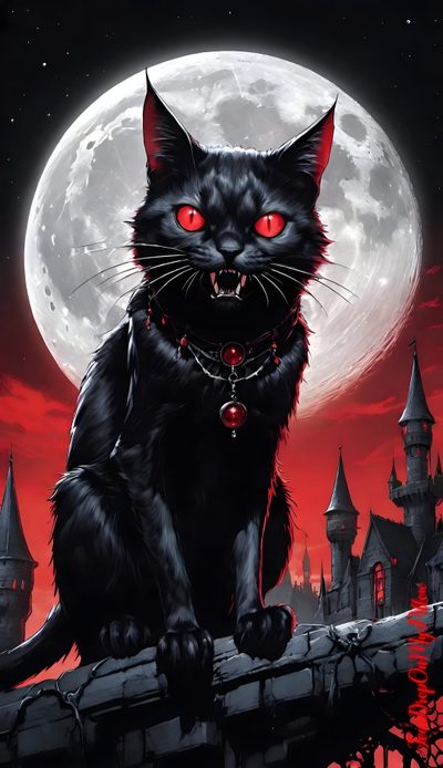 a black cat with red eyes sitting on a fence in front of a full moon Halloween Fiery Felines-black Custom Scary Cat, Vampire Cat, Vampire Black Cat, Evil Cat, Dark Evil Cat,