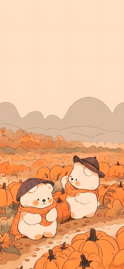 two teddy bears sitting in the middle of a field of pumpkins Cute Bear Halloween Fall Aesthetic Cartoon, Cute Fall Cartoon, Fall Cute Cartoon, Autumn Cute, light pink