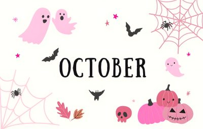 a white background with pink and black pumpkins, ghostes, bats and the word october Pink Halloween Computer Pink Hello Kitty, Pink Ipad, Laptop Backgrounds, Cute App, Holiday, snow