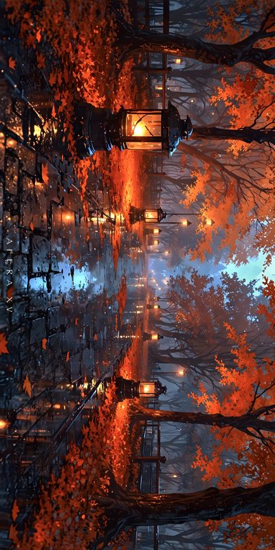 an image of a city street at night with trees and lights reflecting in the water Autumn Halloween 4k Background For Windows 10 Aesthetic, Autumn Pc, Fall Pc, dark slate gray