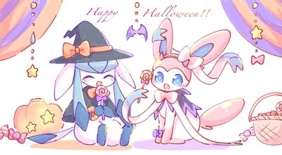 two cartoon rabbits dressed up as witches and one is holding the hand of another bunny Halloween Sylveon Hd Sylveon Espeon Glaceon, Gardevoir And Sylveon, Sylveon Witch, Glaceon Halloween, snow